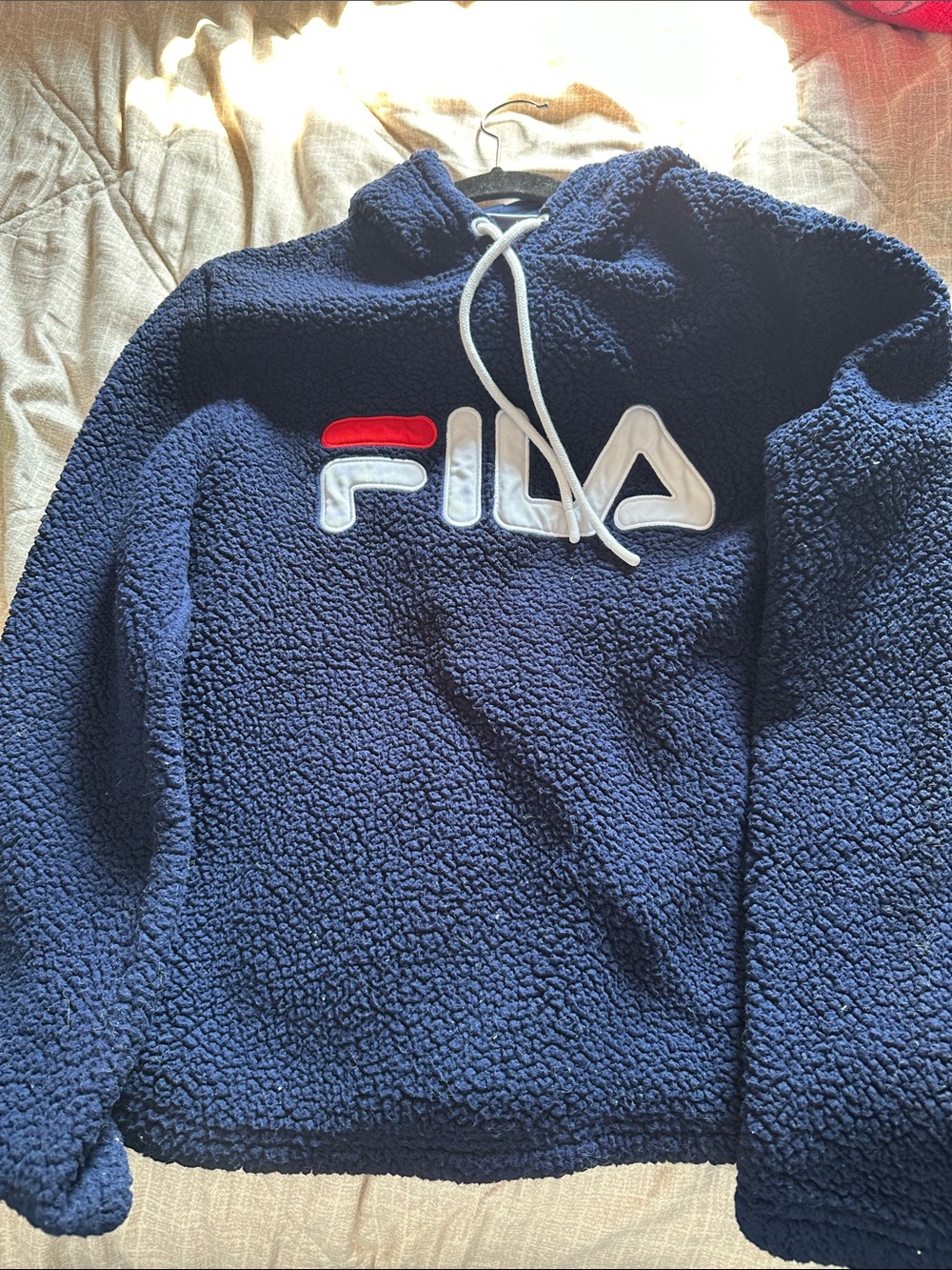 Fila Navy Sherpa Crewneck Hoodie with Red & White Logo